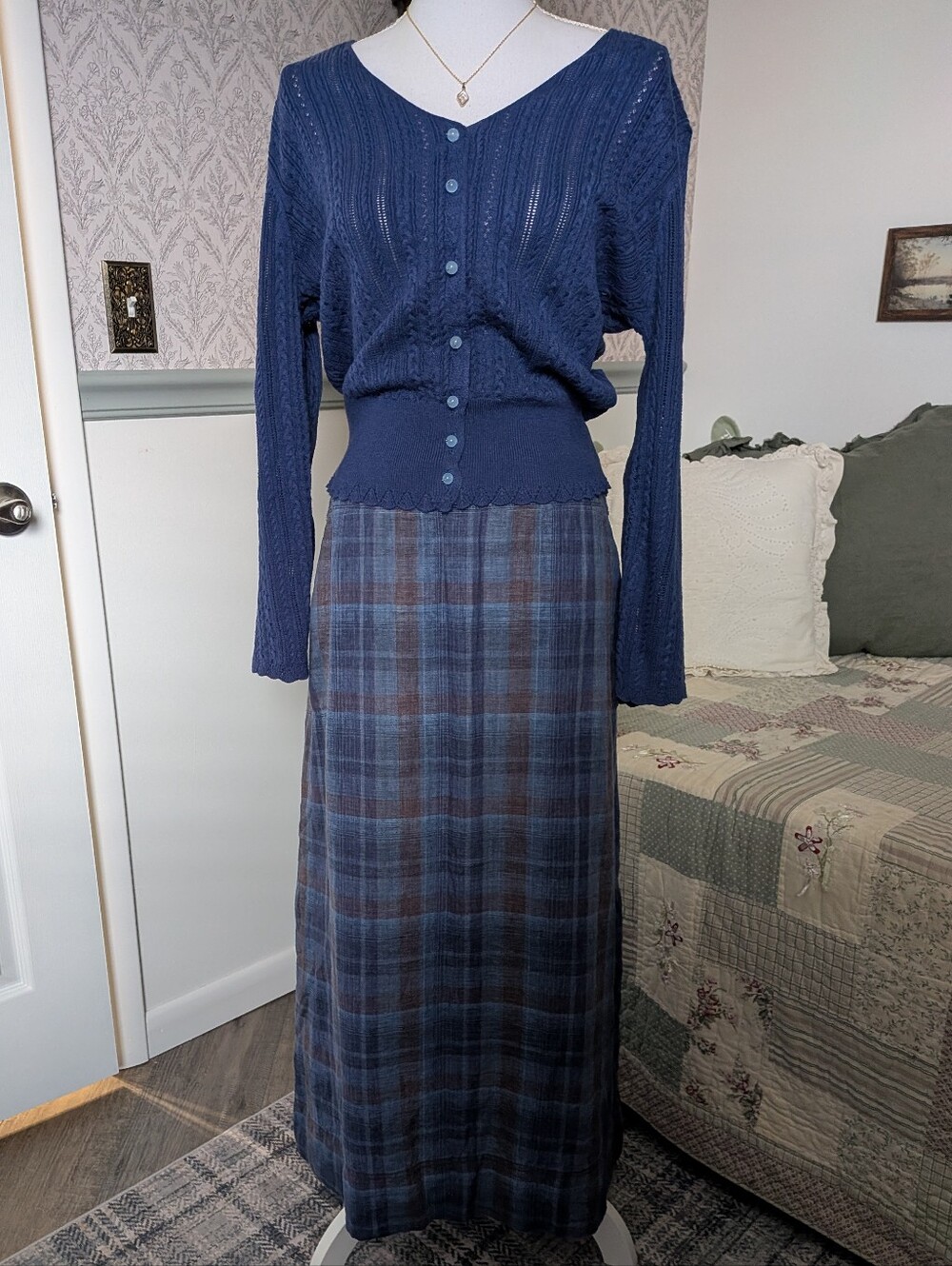 Poetry 100% Linen Blue Plaid Maxi Skirt US 18 Pockets Side Slits